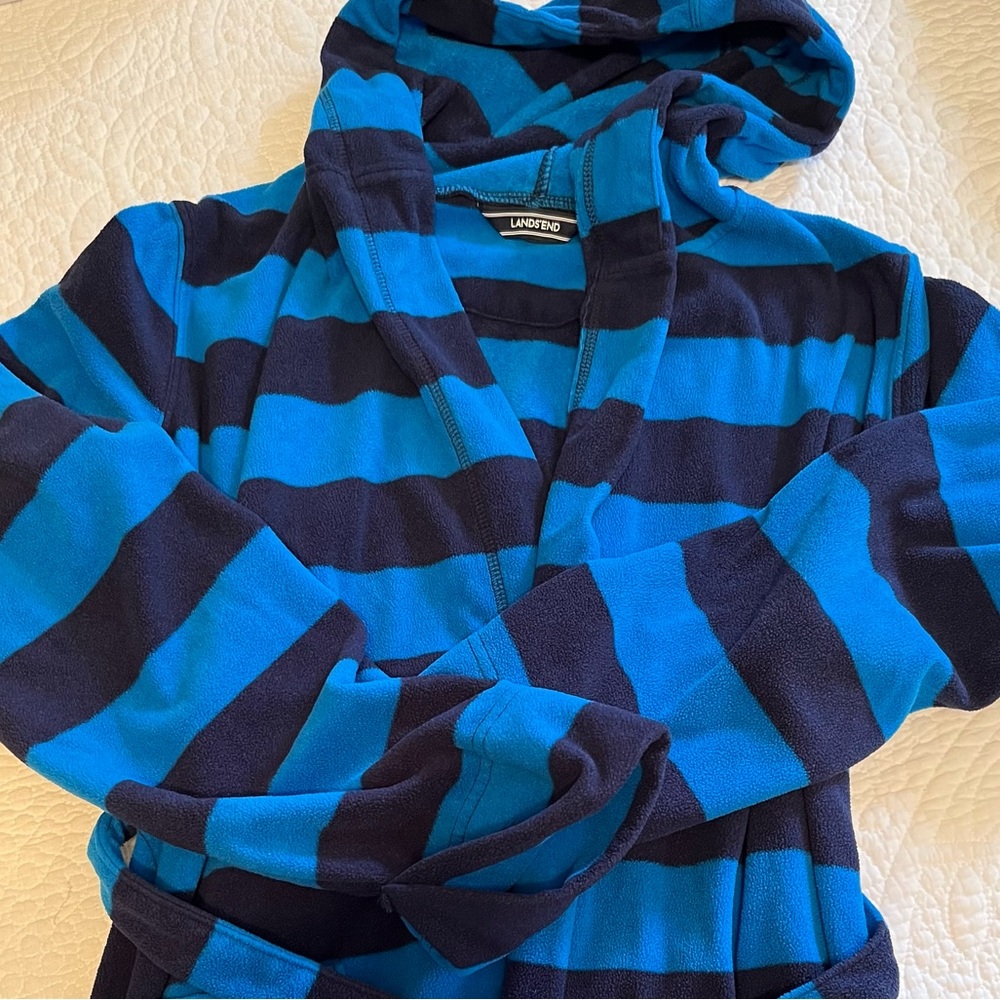 Lands' End Boys Fleece Hooded Rugby Stripe Bathrobe